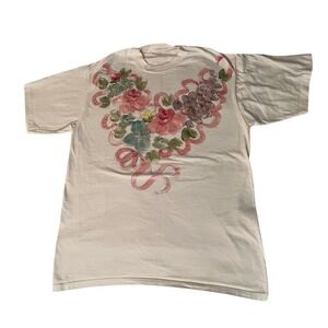 Vintage 80s Floral Watercolor Ribbon T-Shirt White Cottagecore Short Sleeve XL